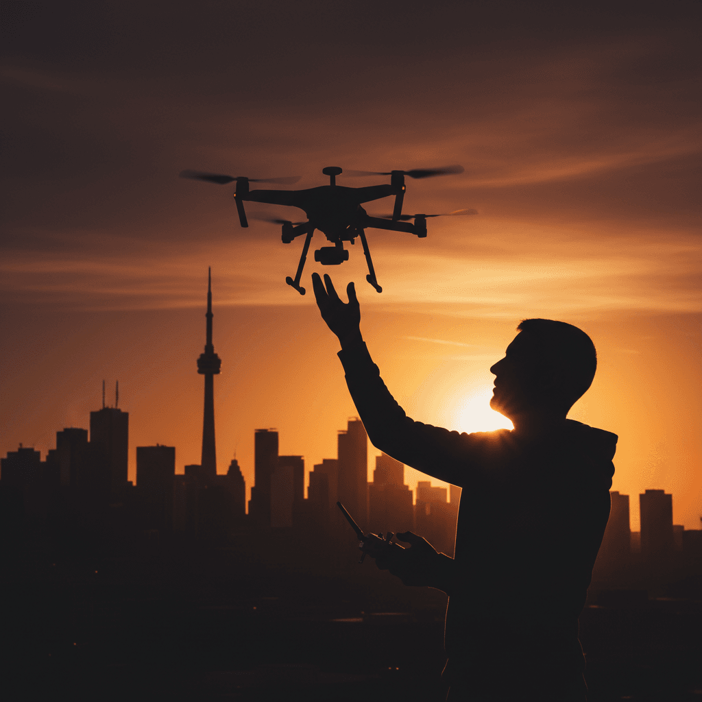 Aerial drone footage over Toronto skyline