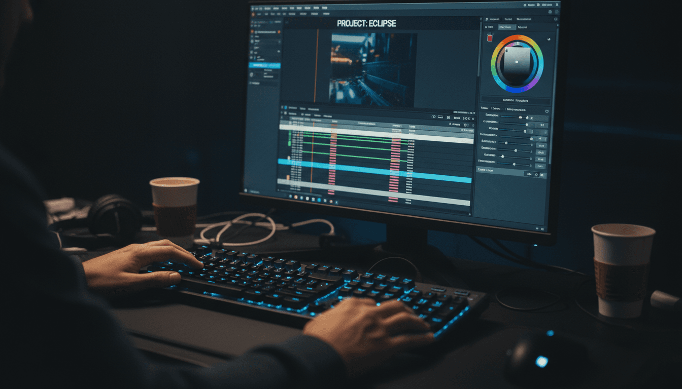 Video editor color grading a timeline in a professional editing suite