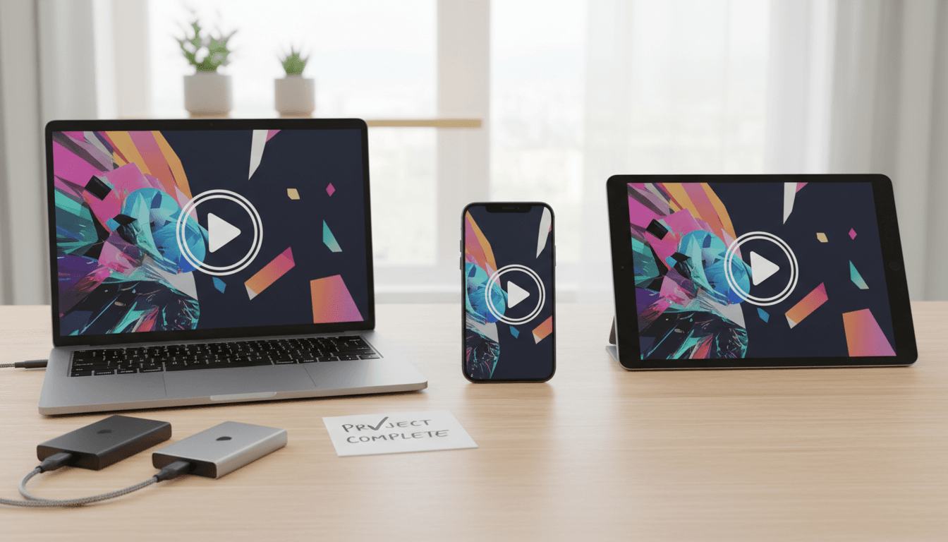 Final video output displayed across laptop, tablet, and phone with delivery files