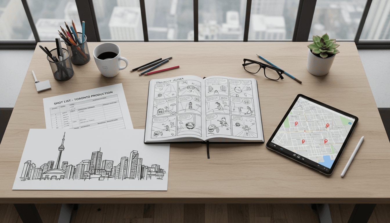 Storyboard and shot list spread across a desk during pre-production planning