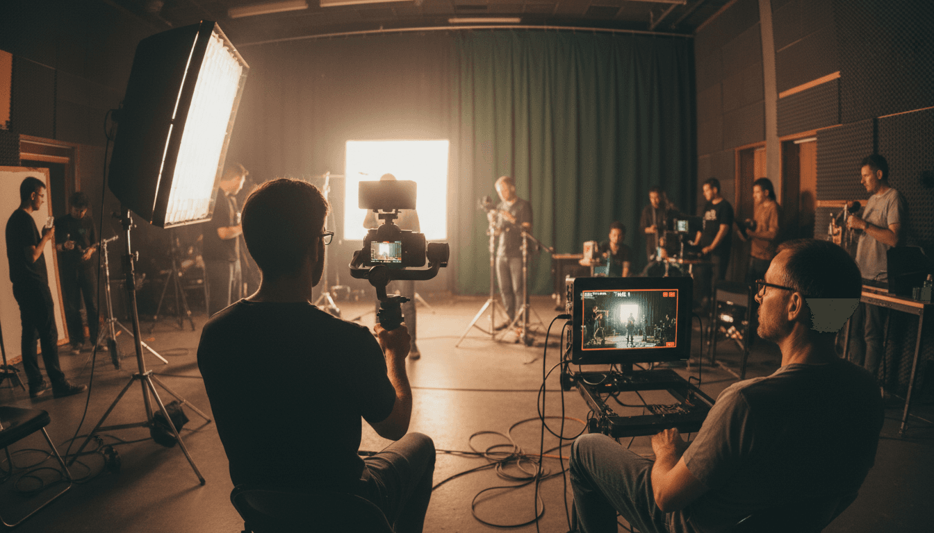 Video production crew filming an interview with professional lighting and camera rig