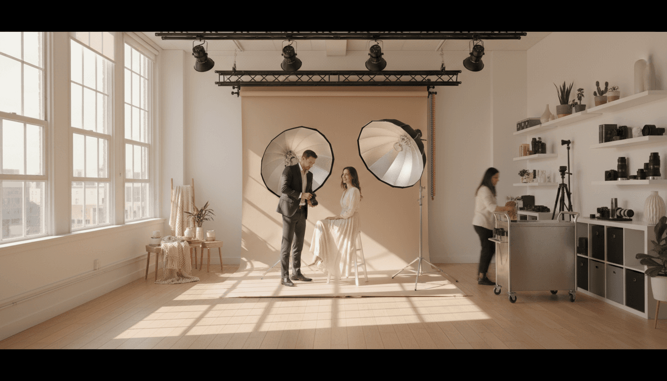 Small interview setup with camera and softbox lights