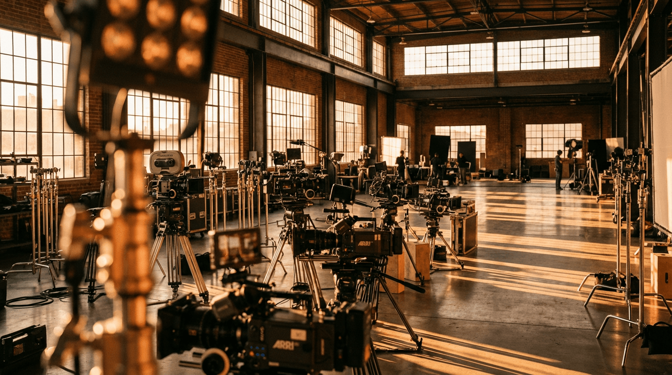 Film production set with professional camera equipment