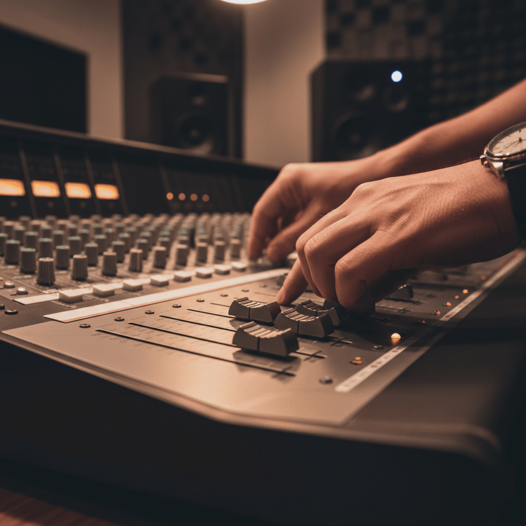 Sound technician adjusting audio equipment during a shoot
