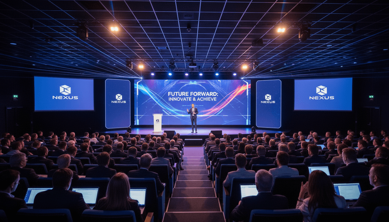 Wide shot of a product launch event with a lit stage