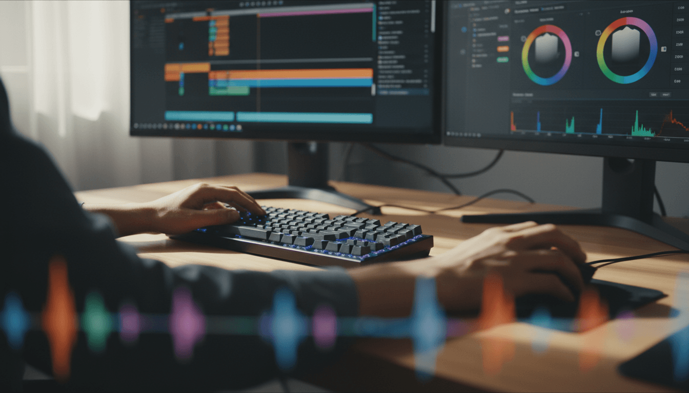 Editor working on a video timeline in a dark editing suite