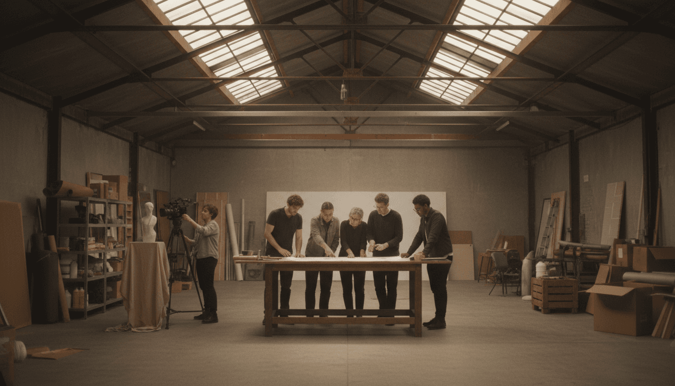 Video director coaching employees on camera in a modern workspace