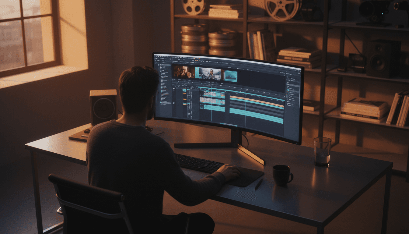 Video production professional reviewing footage on a monitor in a Toronto studio