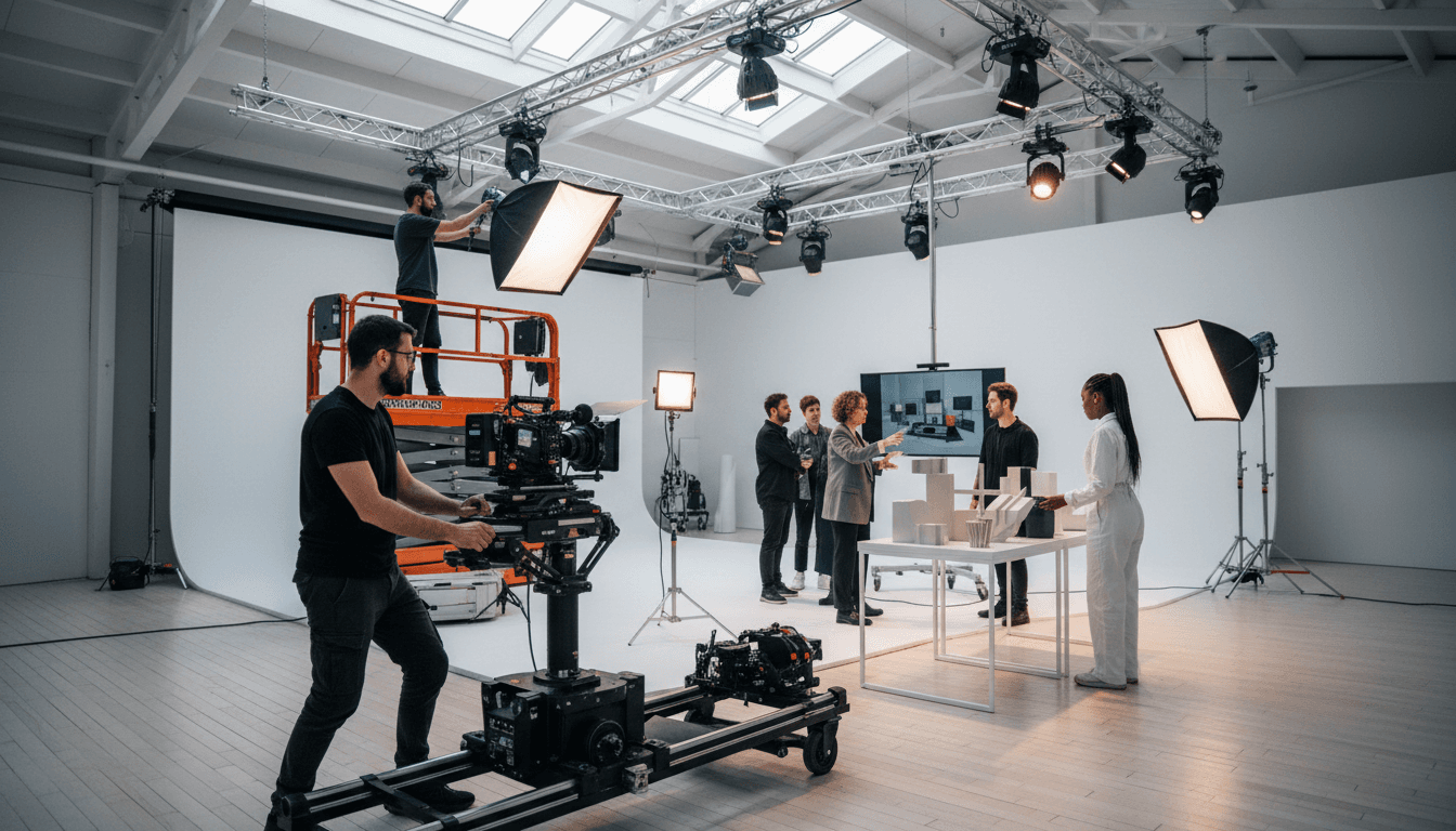 Video production crew setting up a camera and lighting on a studio set in Toronto