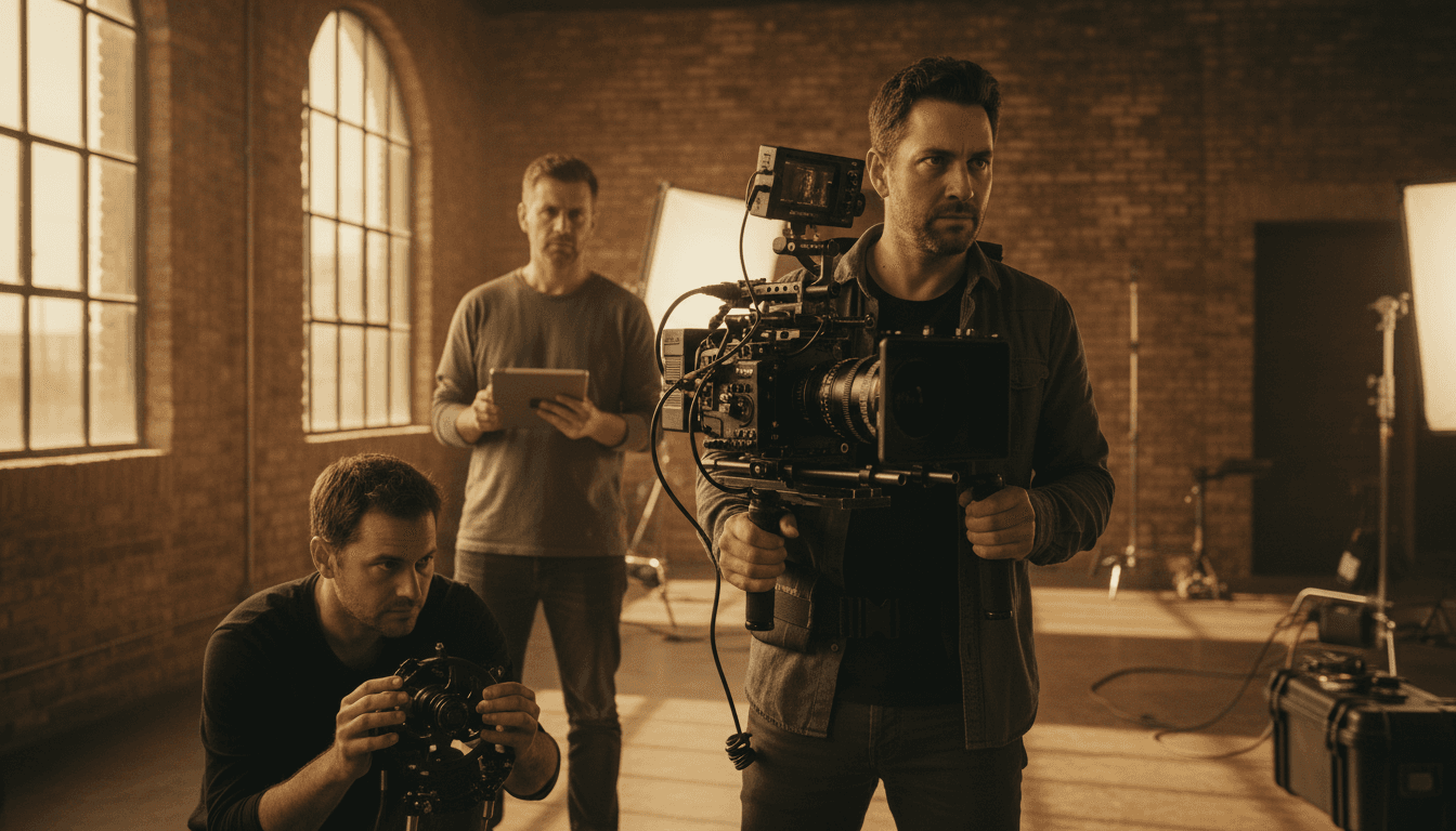 Behind the scenes on a video production set with a camera and lighting equipment
