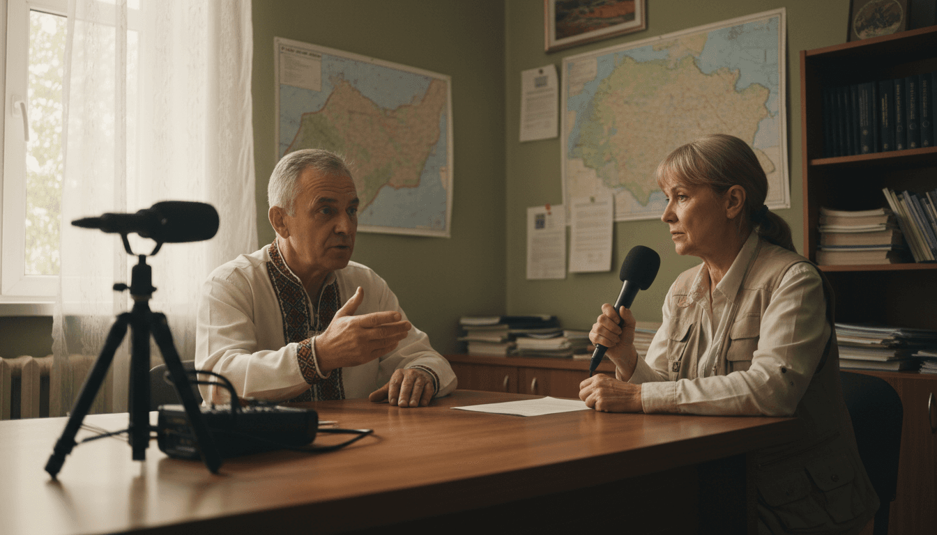 Camera operator recording an interview in a bright office space