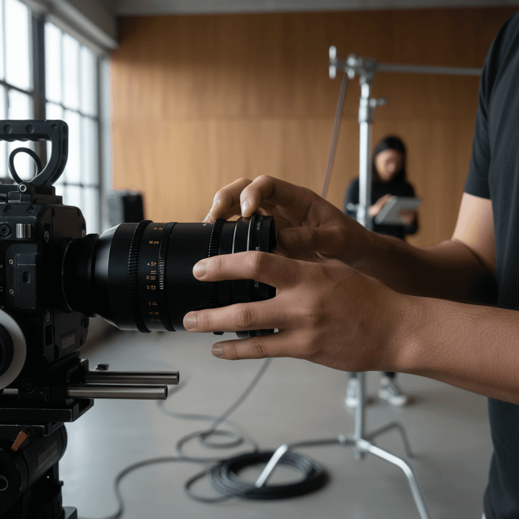 Video production professional operating a cinema camera on a gimbal inside a modern office