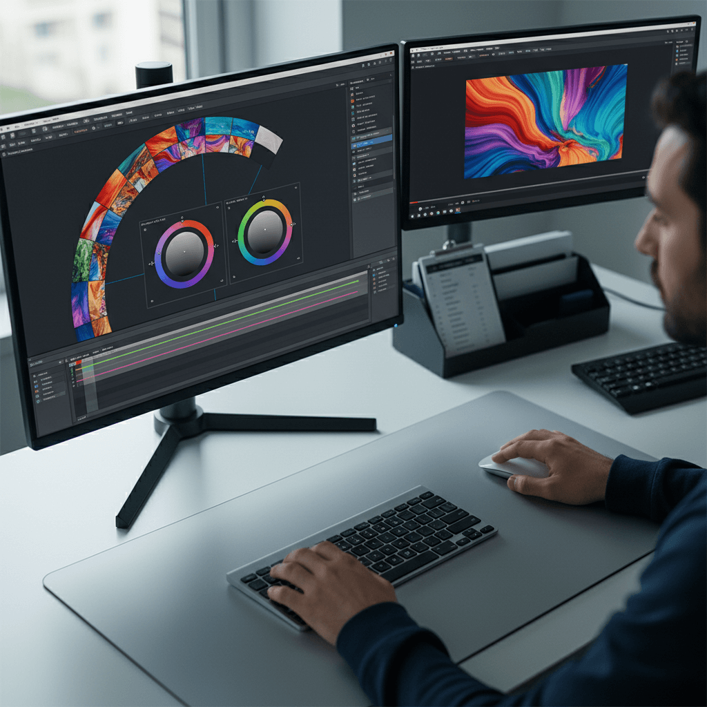 Video editor working on a timeline in a dim studio